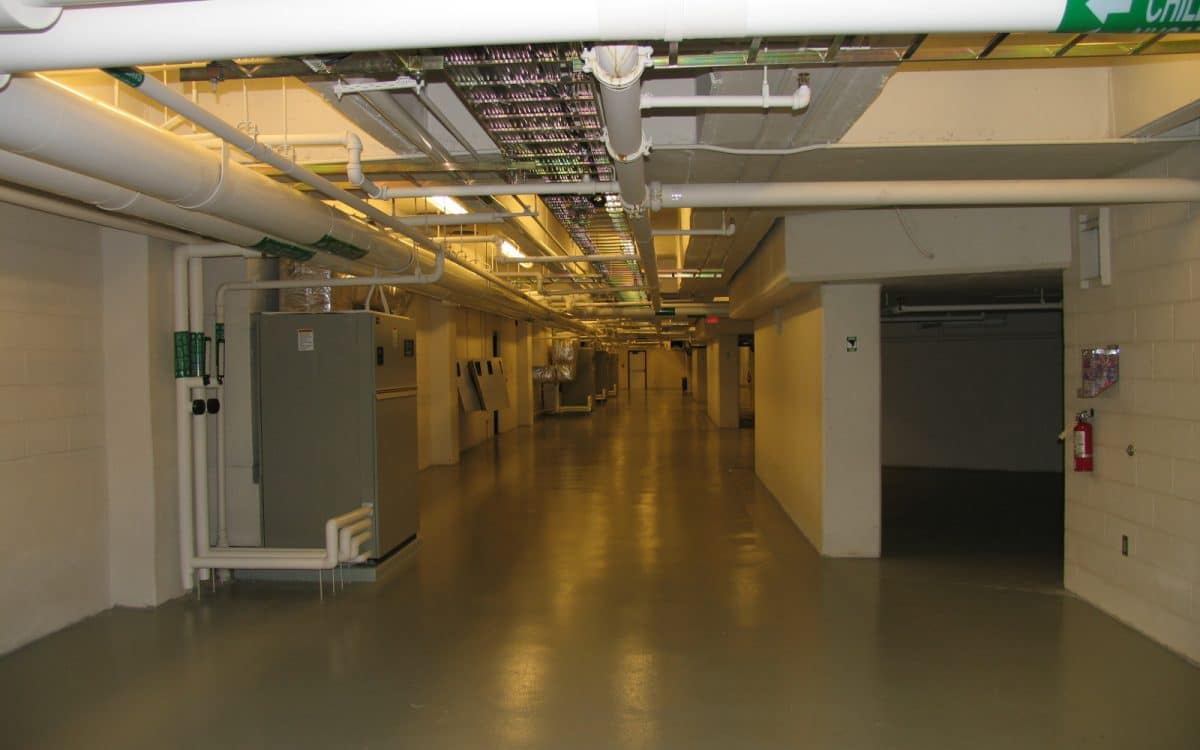 A long hallway in a building.