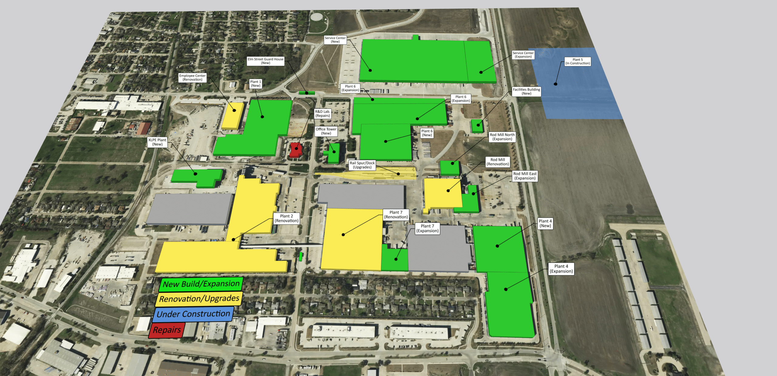 A site map including text and labels of different areas on a large manufacturing campus