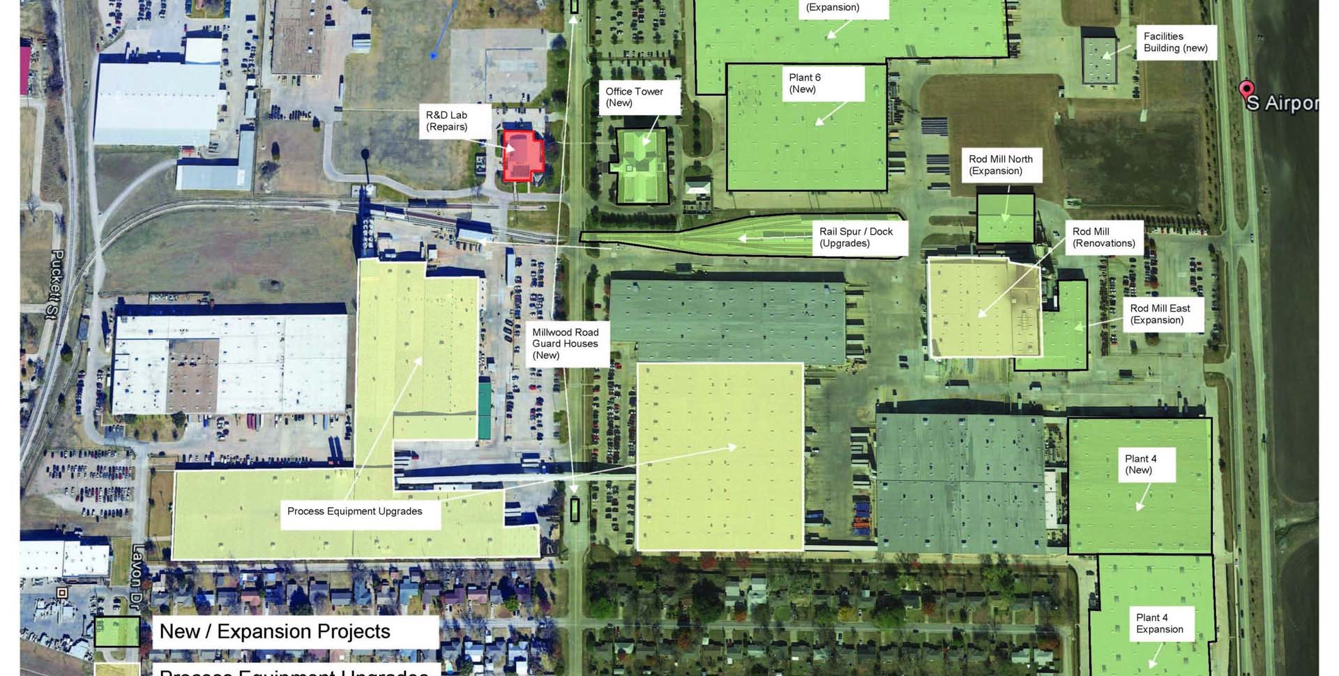 Aerial view of an industrial complex with labeled sections highlighting new and expanded facilities, process equipment upgrades, dock upgrades, and nearby infrastructure.