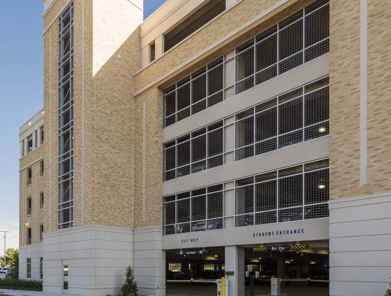 A building with many parking garages.