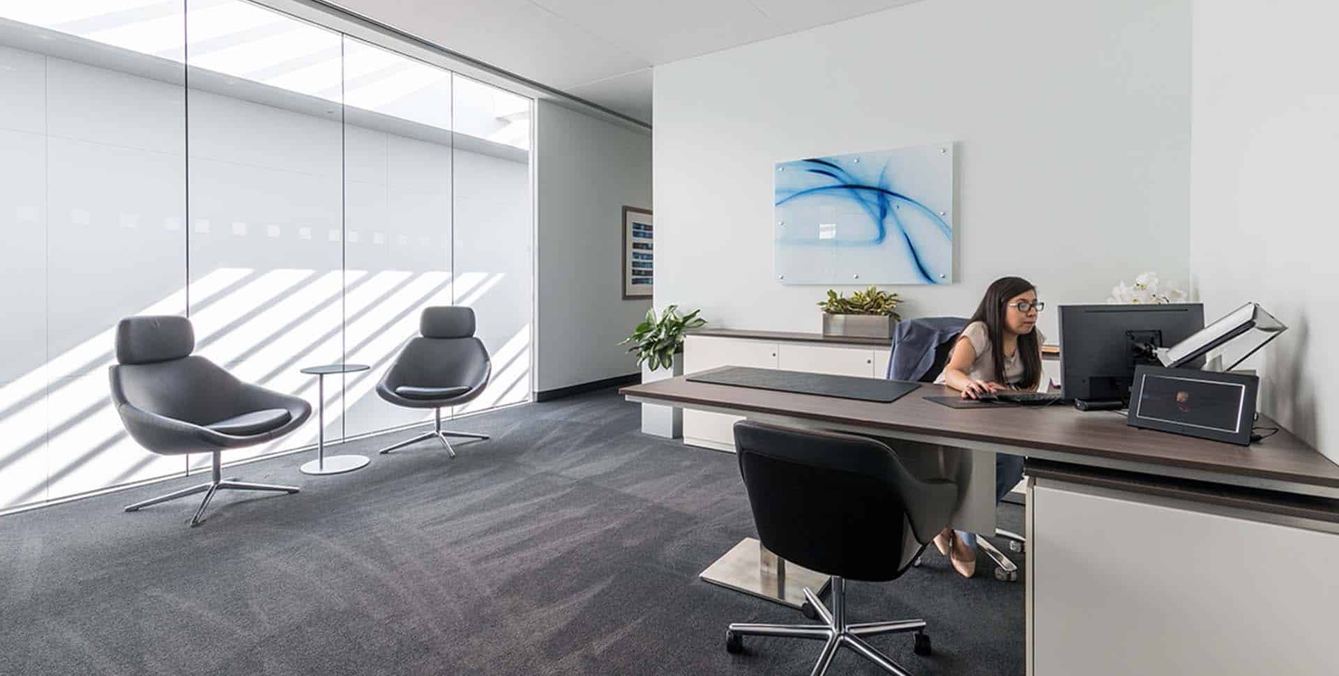 A woman works at a desk in a modern office with large windows, two black chairs, a small table, plants, and abstract art on the wall.