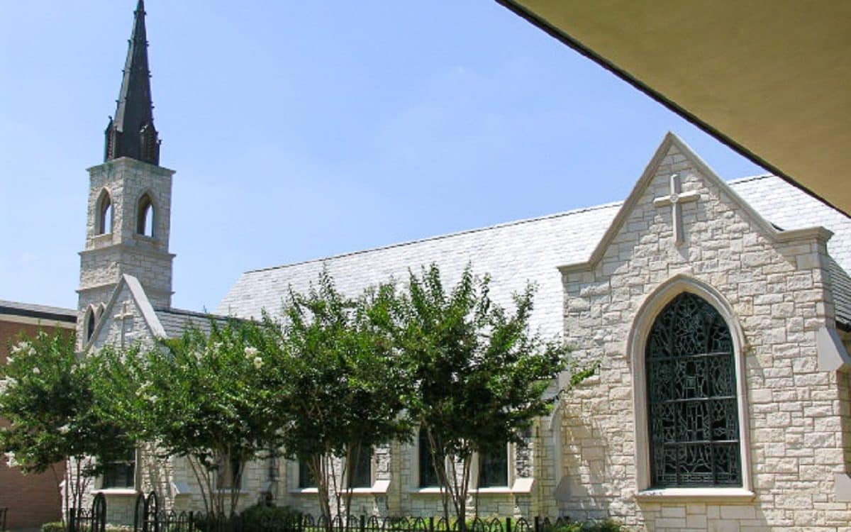 A church with a steeple.