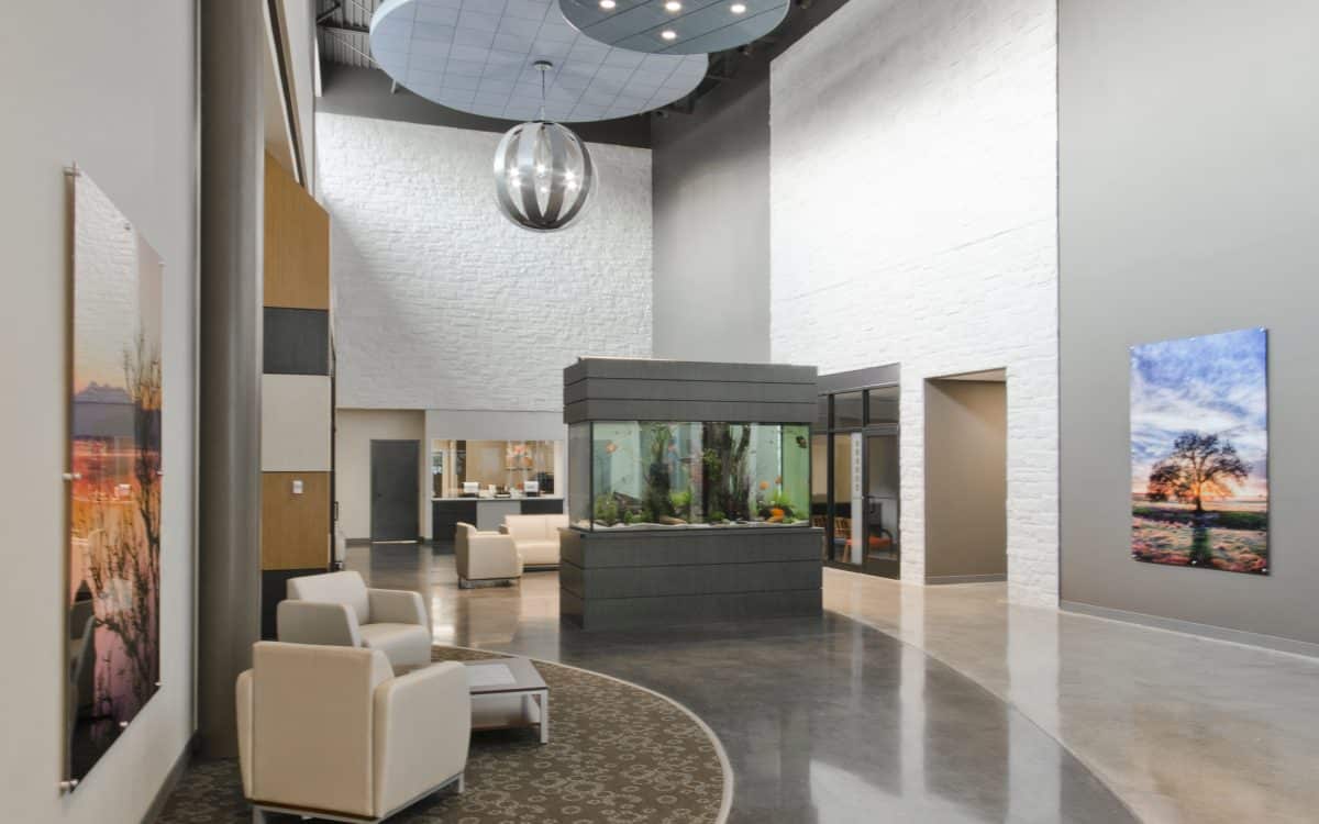 The lobby of a modern office building.