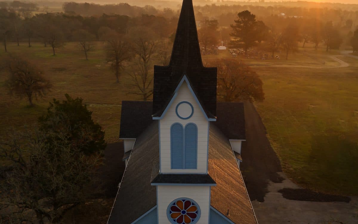 A church with a steeple.