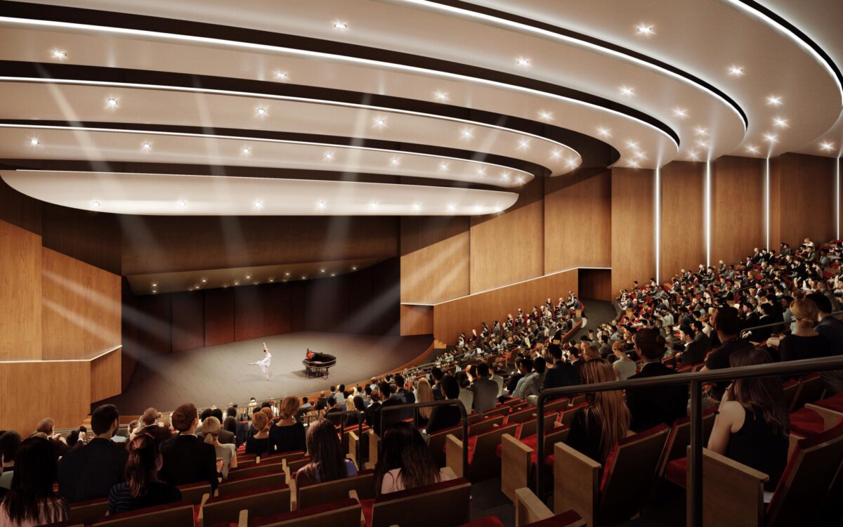 An artist's rendering of a large auditorium.