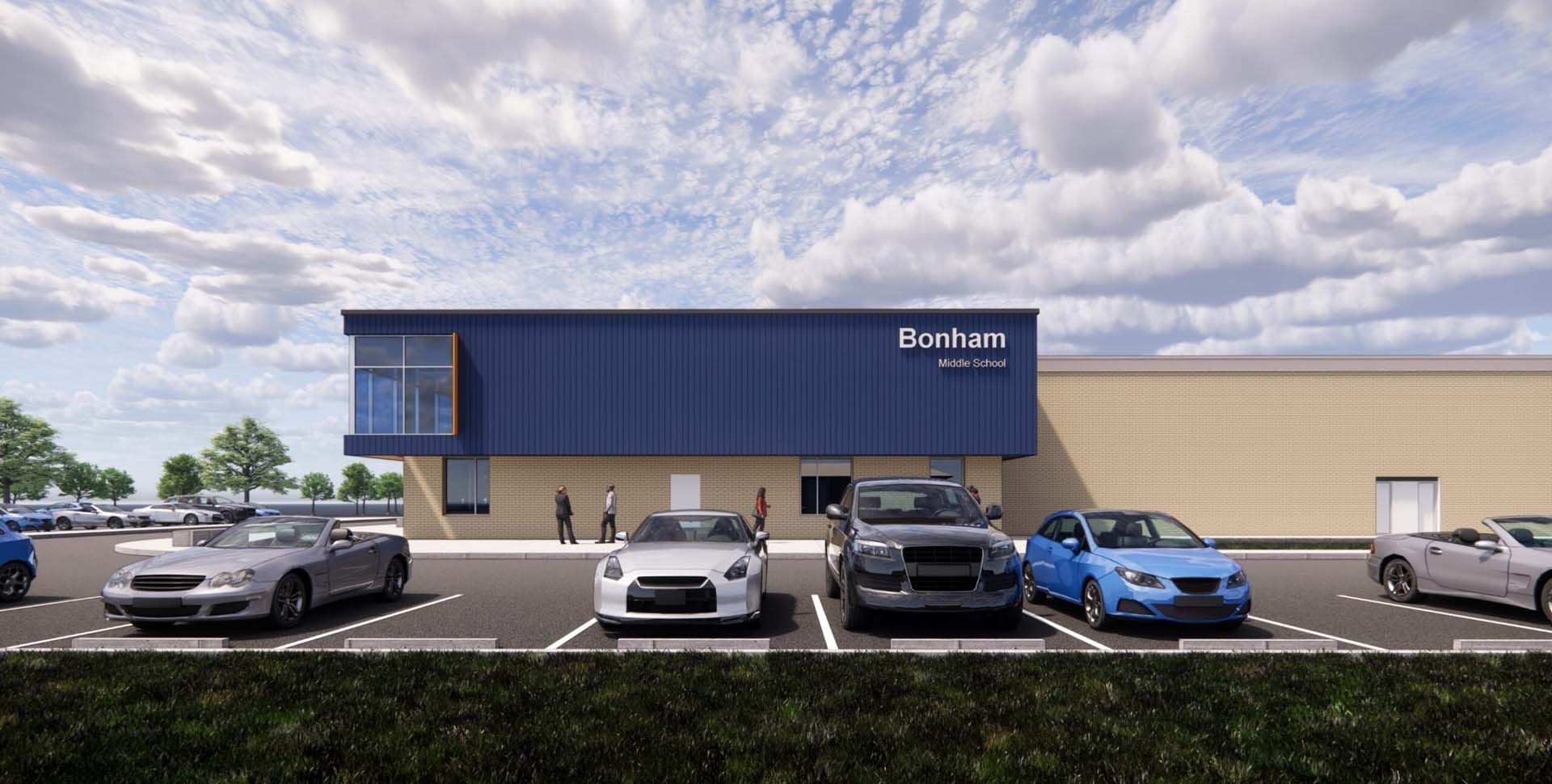 A modern school building labeled "Bonham Middle School" with several parked cars and a few people near the entrance under a partly cloudy sky.