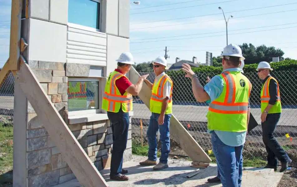 Five construction workers in safety vests and helmets inspect a building facade mock-up at an outdoor construction site during the day.